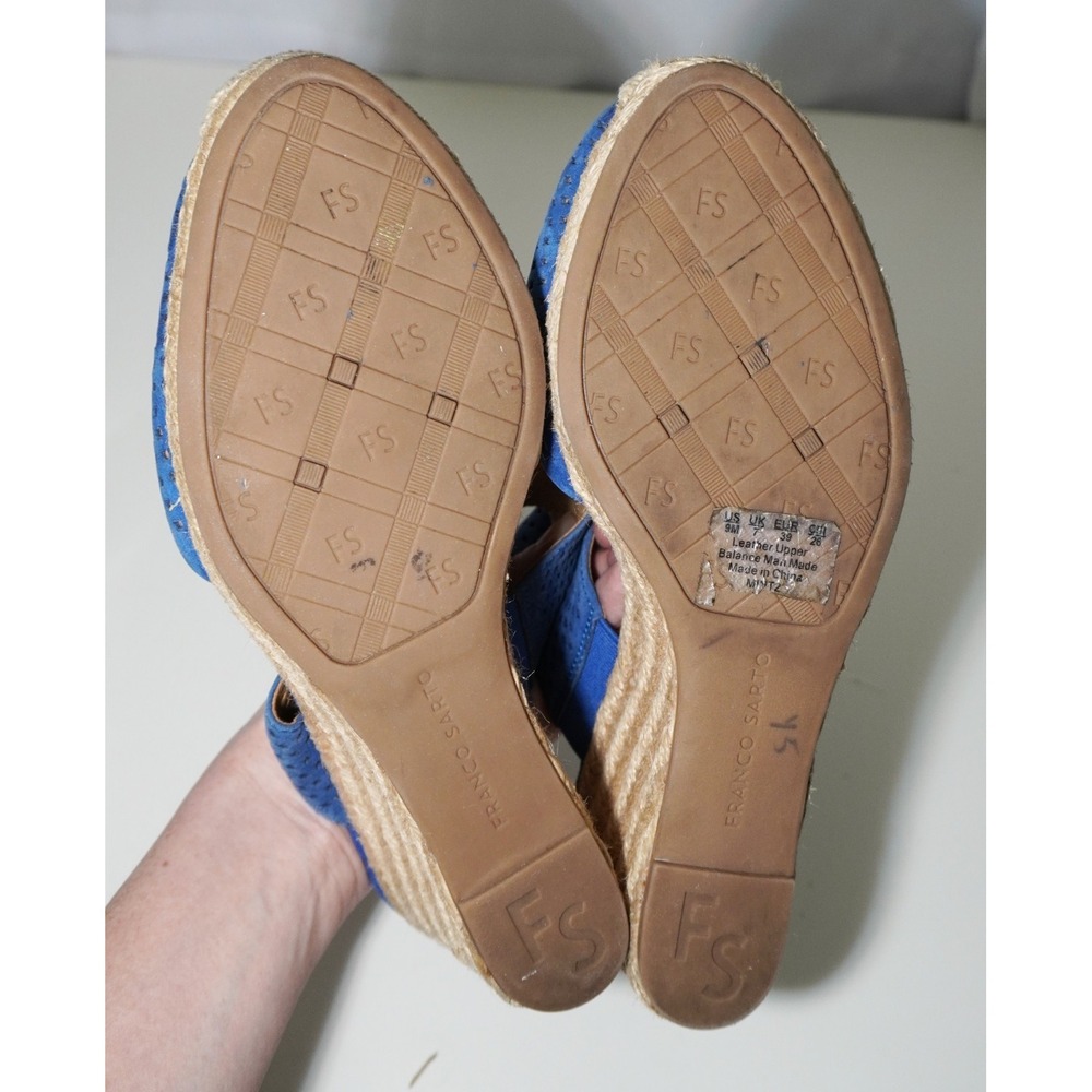 Franco Sarto Blue Suede Espadrille Strap Wedges Womens US 9M Perforated Slip On - Picture 6 of 7